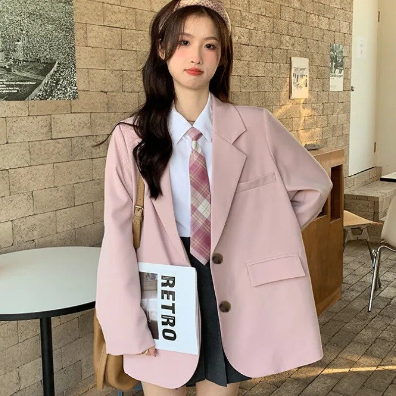 Insozkdg-Chaqueta de traje rosa suave para mujer, chaqueta de traje de un solo pecho, estilo coreano, informal, holgada, primavera y otoño