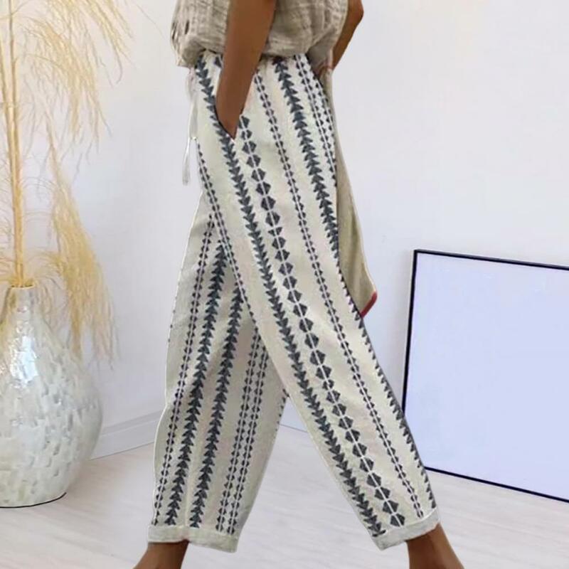 Celana panjang pola geometris wanita, celana Harem longgar cocok untuk pantai pola geometris dengan tali pinggang elastis