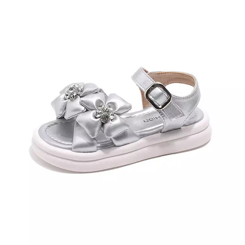 Children Sandals for Girls 2024 Summer Fashion Comfortable Sweet Flowers Rhinestone Soft Sole Non-slip Princess Leather Shoes