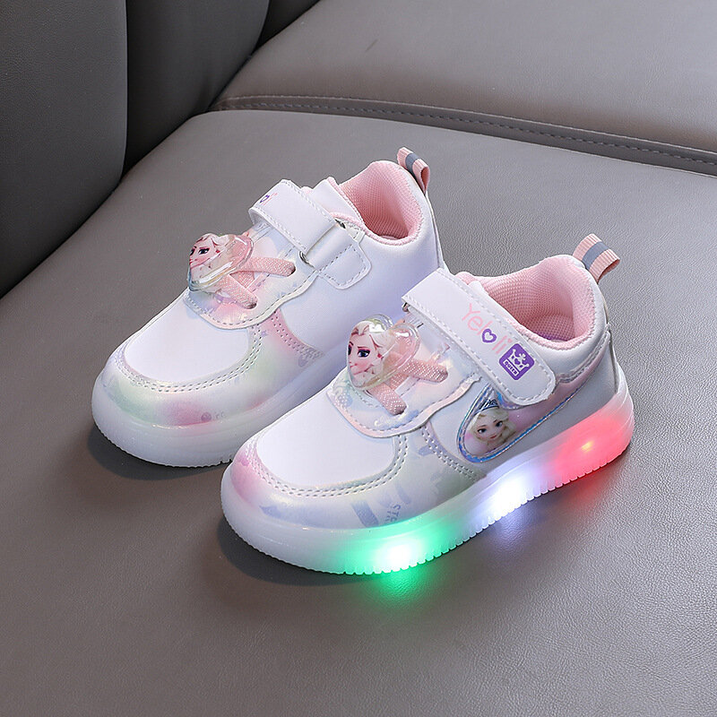 Disney-Zapatillas deportivas con luces LED para niñas, zapatos informales de princesa Elsa y Frozen, para estudiantes, talla 21-30