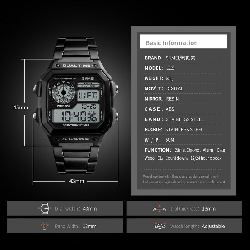 Skmei-reloj deportivo de acero inoxidable para hombre, cronógrafo de pulsera Digital con luz trasera, resistente al agua, 5bar, alarma Clo