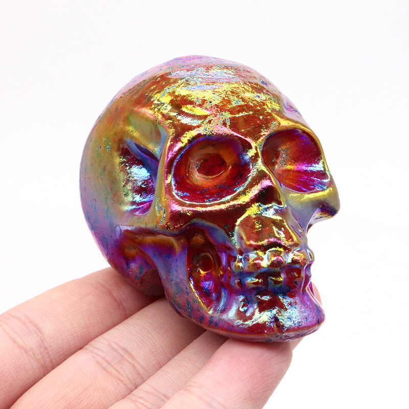 Vintage Natural Stone Electroplating Skull Healing Crystal Carved Statue Fashion Jewelry Home Room Decoration Halloween Gifts