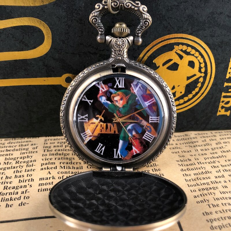 Bronze Anime Theme Quartz Pocket Watch Character Dial Roman Numerals Strap Chain Pendant Clock Men Women Students Gifts