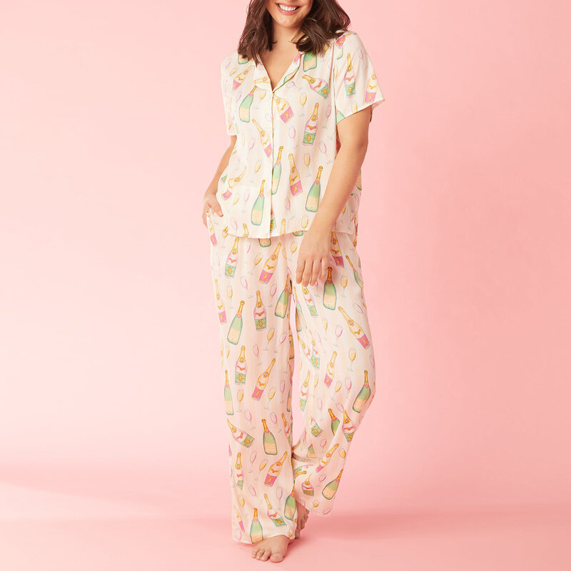 Conjunto de pijama de 2 piezas para mujer, top de manga corta con botones y cuello de solapa, pantalones de cintura elástica, ropa de dormir para verano