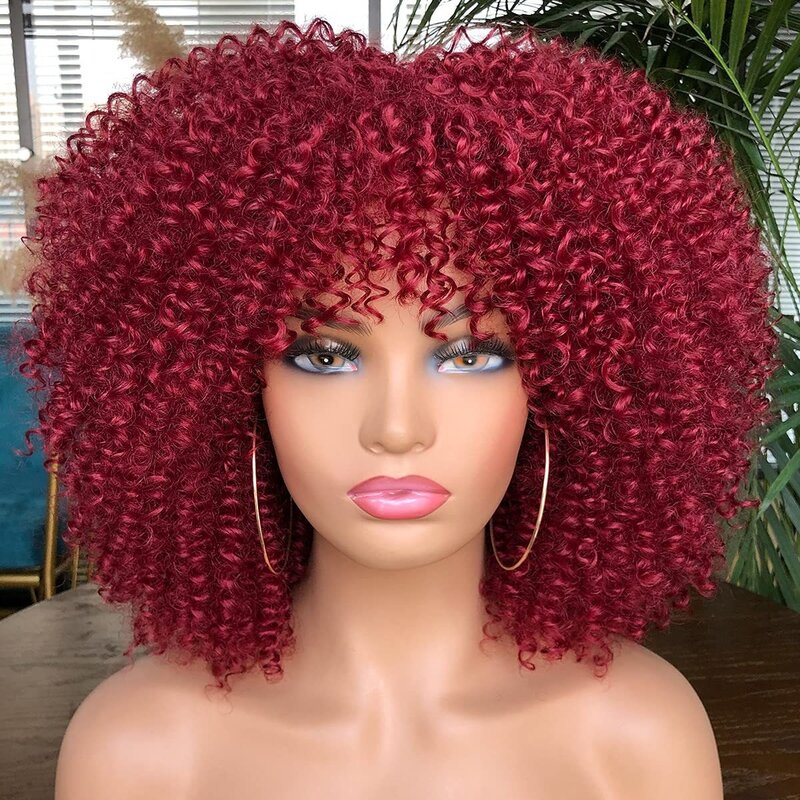Krótki peruka z kręconym Afro z grzywką dla czarnych kobiet peruka perwersyjne kręcone włosy Afro syntetyczny pełne peruki