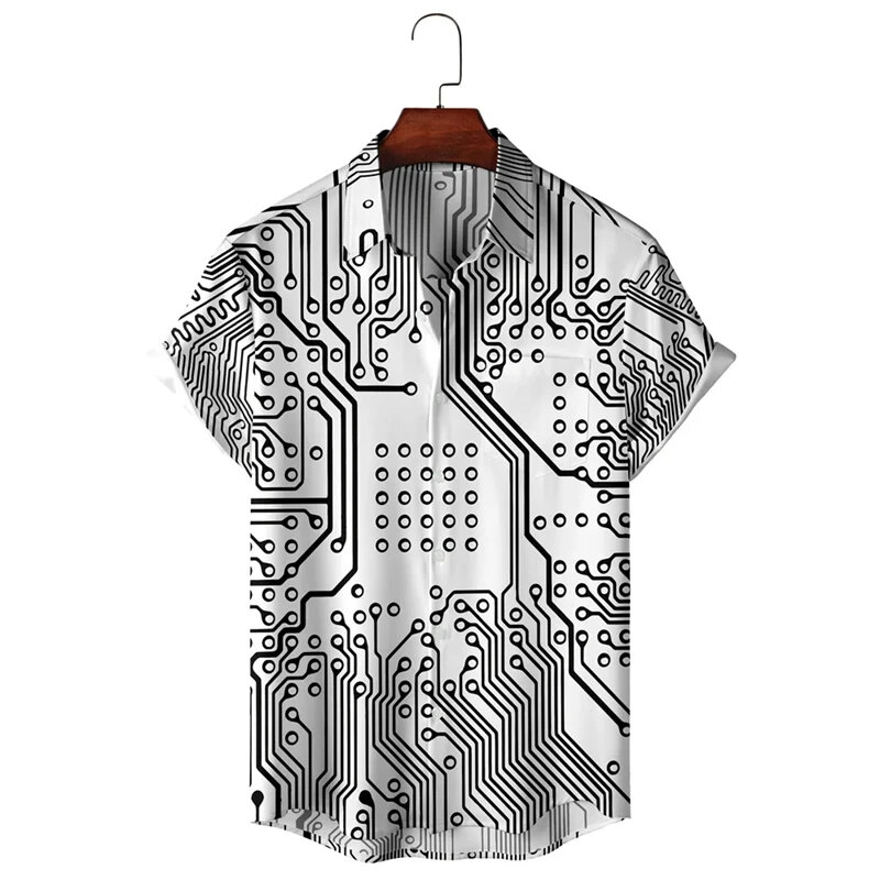 Kemeja chip elektronik 3D dicetak untuk pria, kemeja minimalis kasual retro kancing insinyur Baju Pria dipersonalisasi musim panas