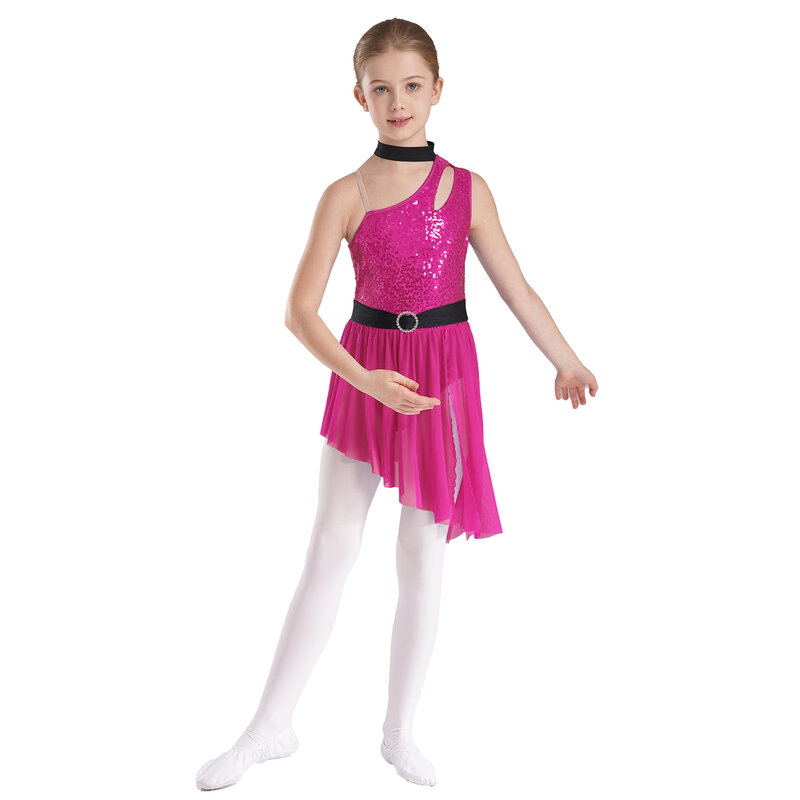 Kid Girls Sequins Latin Dance Dresses Sleeveless Side Split Asymmetrical Hem Ballet Dress Figure Skating Performance Competition