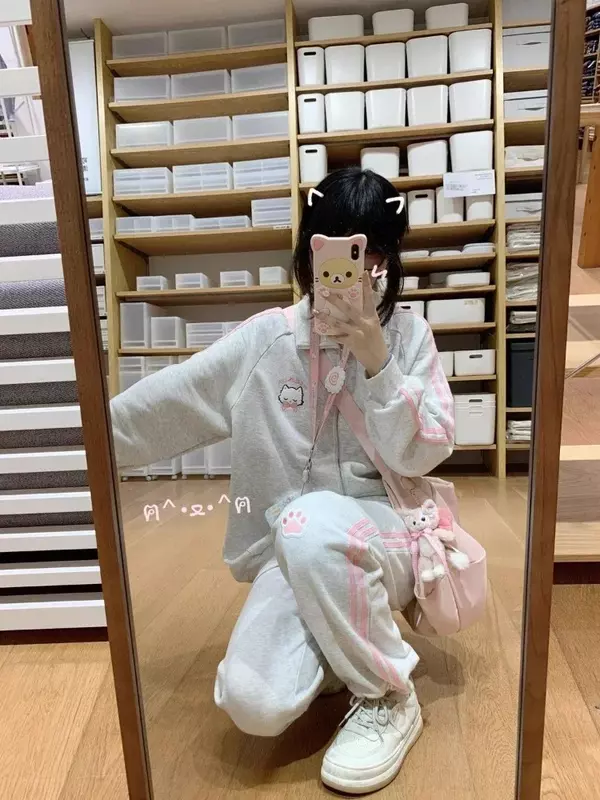 Houzhou japanische Mode Kawaii Reiß verschluss Hoodie Frauen Harajuku süße rosa Katze Stickerei übergroße Kapuze Sweatshirt Winter
