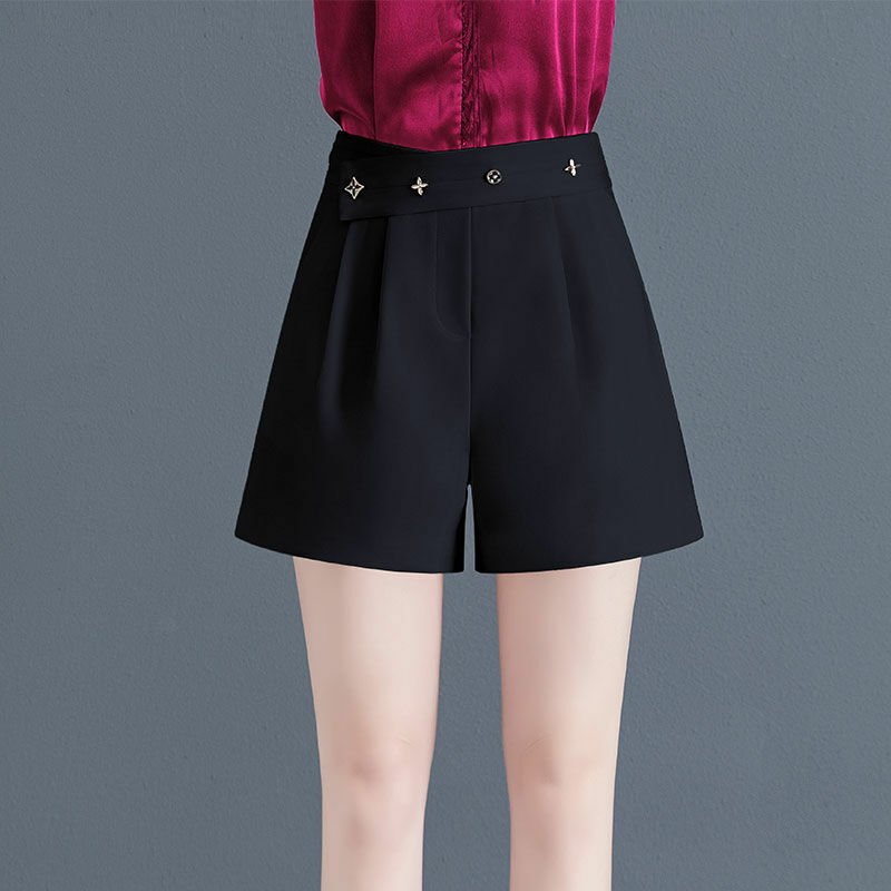 Celana pendek lurus Korea wanita, setelan celana kaki lebar perca kancing polos pinggang tinggi longgar serbaguna untuk perempuan musim panas