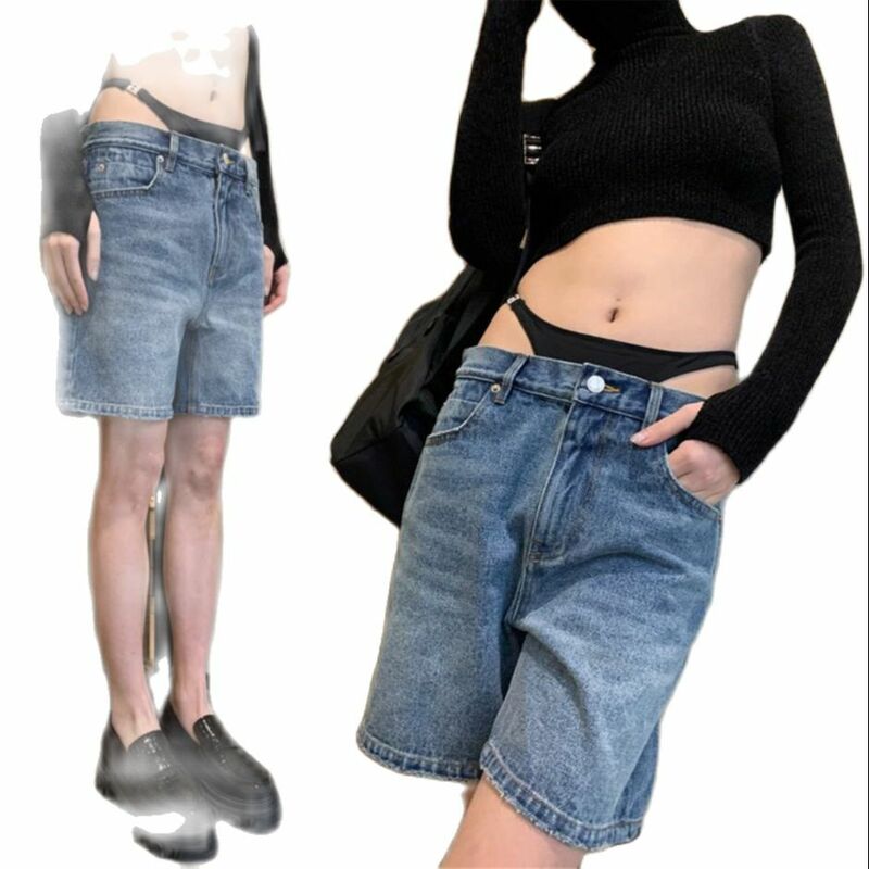 Celana pendek Jeans anak perempuan musim panas katun Denim mode Eropa celana pendek kaki lurus seksi
