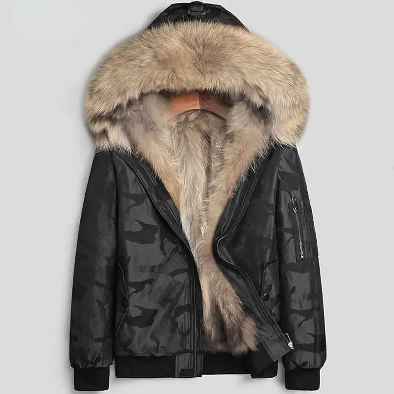 Ayunsue-メンズ毛皮の裏地付きジャケット,暖かい毛皮のコート,アライグマファー付き,取り外し可能,冬用