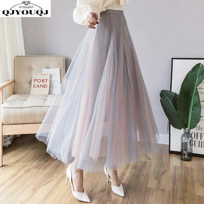 Mesh Skirt Women's Half Skirt Spring and Summer New Fairy Gauze Skirt Versatile Mid Length High Waisted Pleated Skirt