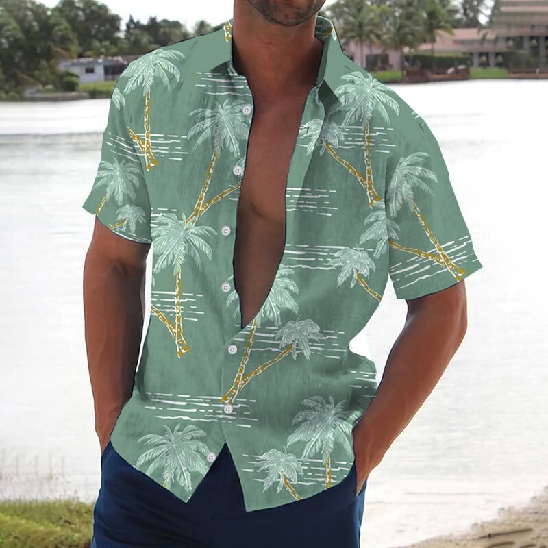 2024 Retro Heren Overhemd Kokospalm Print Korte Mouwen Strand Casual Man Kleding Losse Oversized Hawaiiaanse Shirts Voor Heren