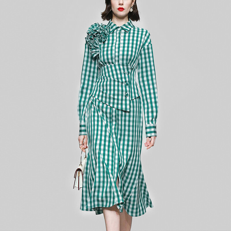 plaid ruffle dress spring new fashion three-dimensional flower style girdle mid-length green plaid shirt fishtail