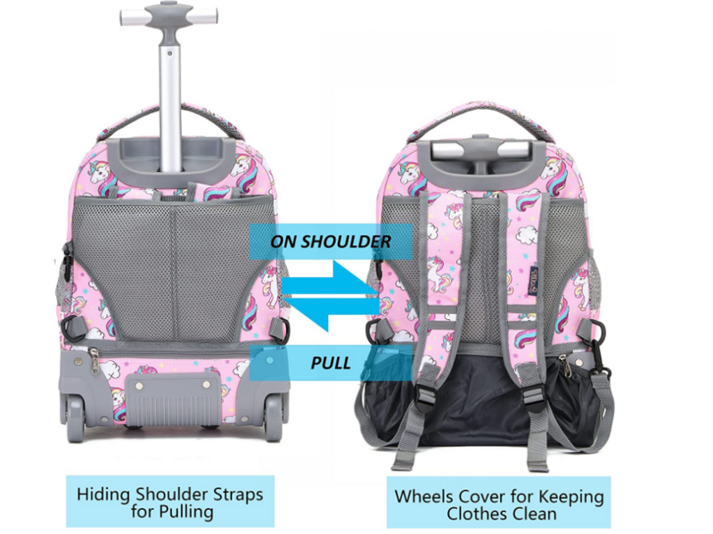 Mala de bagagem de viagem rolante para meninas Saco de carrinho escolar Mochila de rodas Compartimento múltiplo Rodas de rolamento