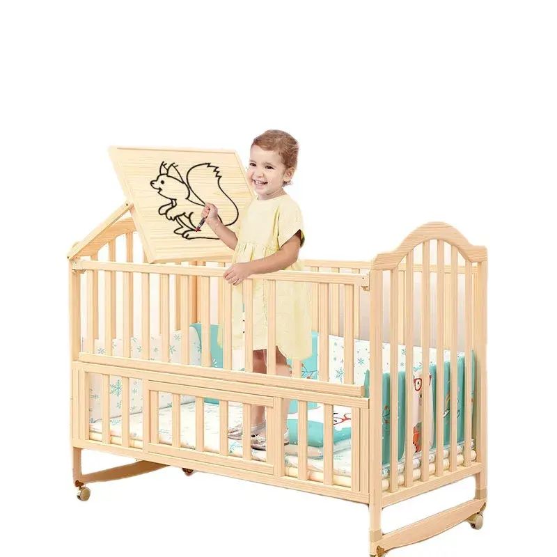 Tempat tidur bayi, tempat tidur besar kayu Solid tidak dicat multifungsi Bb tempat tidur dapat digerakkan