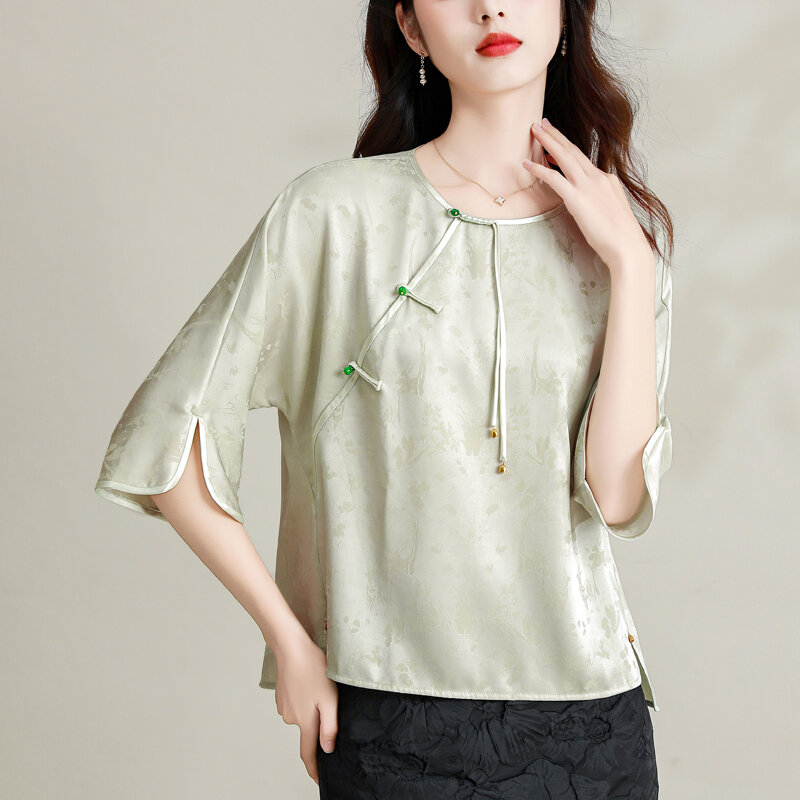 Camicie da donna in raso primavera/estate fiore camicette in stile cinese sciolto Vintage donna top abbigliamento moda YCMYUNYAN