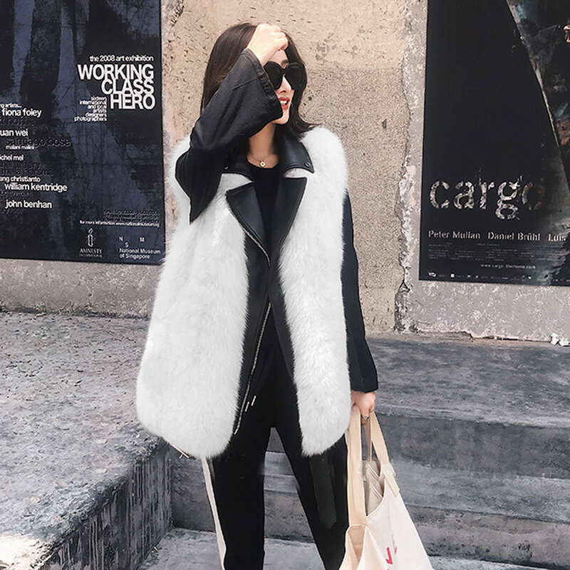 2023 New Winter Fall Women Faux Fur Vest PU Patched Contrast Color Turn Down Neck Korean Fashion Girls Sleeveless Coat