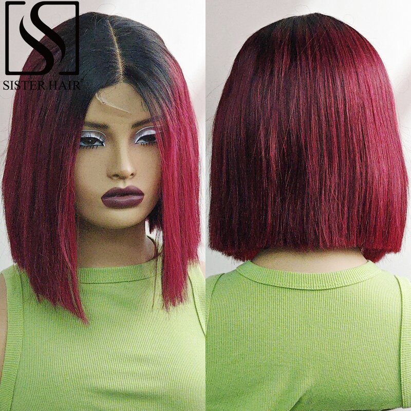 T1B-99J peruka z ludzkimi włosami w kolorze 180% gęstości peruka z prostymi włosami 2x6 koronkowa krótka peruka z prostym brazylijska peruka