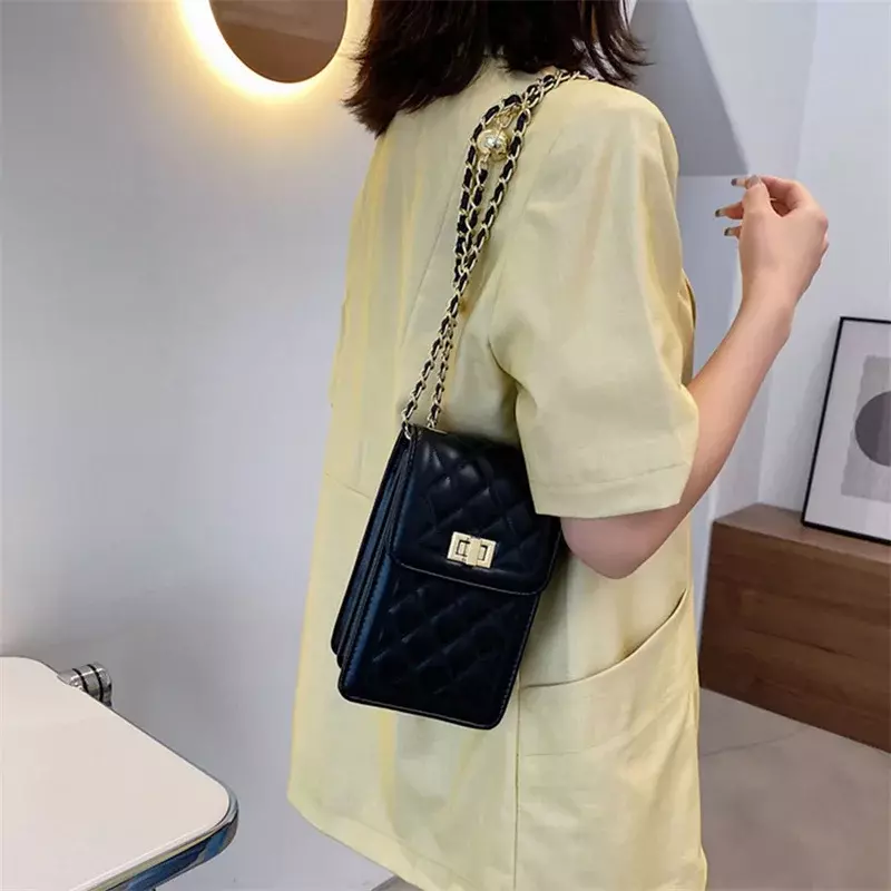 Korean Women Mobile Phone Bags Fashion Rhombus Chain Shoulder Bag Cross Body Cellphone Sling Bag Crossbody Purse Wallet Case