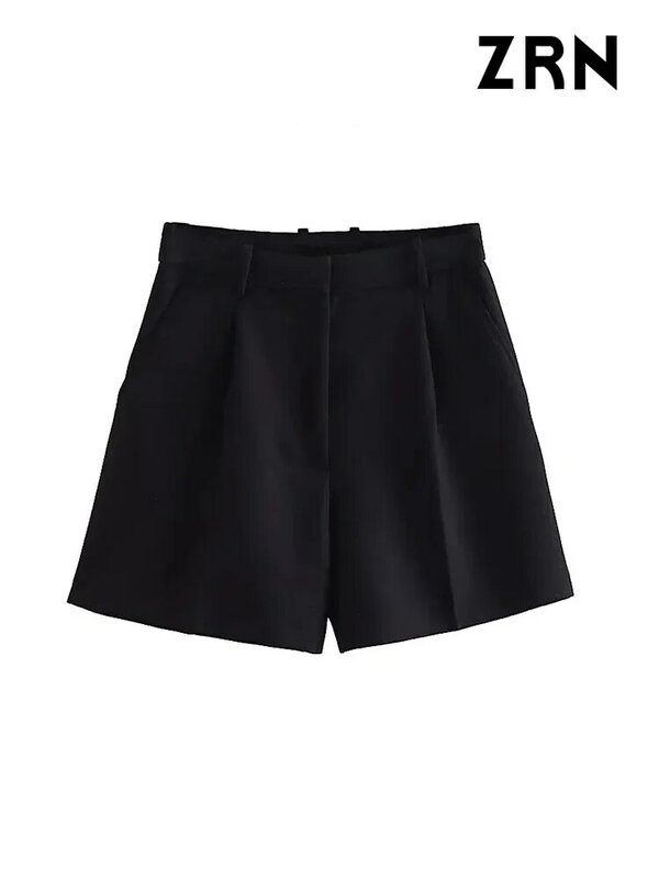ZRN Women Fashion Side Pockets Front Darts Bermuda Shorts Vintage High Waist Zipper Fly Female Short Pants Mujer