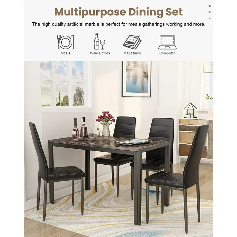 Dining Table Set for 4Faux Marble Kitchen and Table Chairs Set of 4Dining Room Table Set with 4 PU Leather Dining Chairs Kitchen