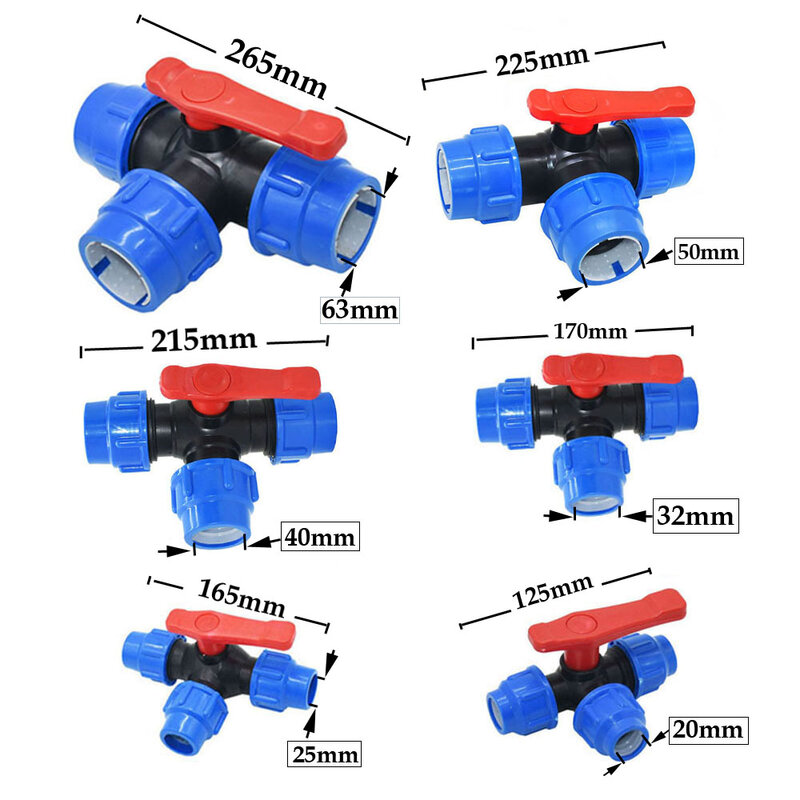 20/25/32/40/50/63mm Plastic PE Tube Tap Water Splitter Quick Valve Connector Garden Farm Irrigation Water Pipe Fittings