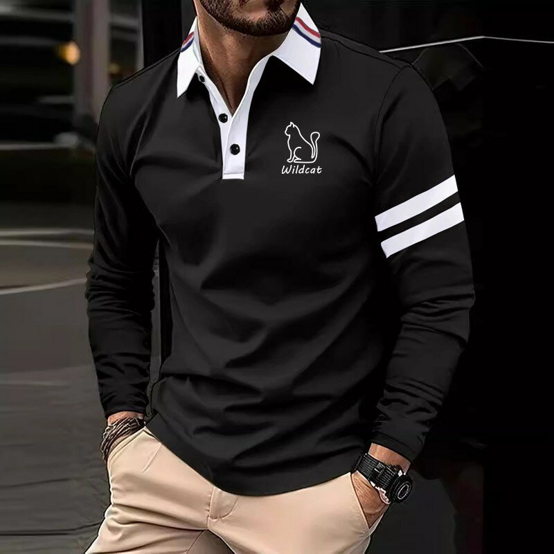 Camisa polo masculina de manga comprida, top justo, moda casual, novo, 2024