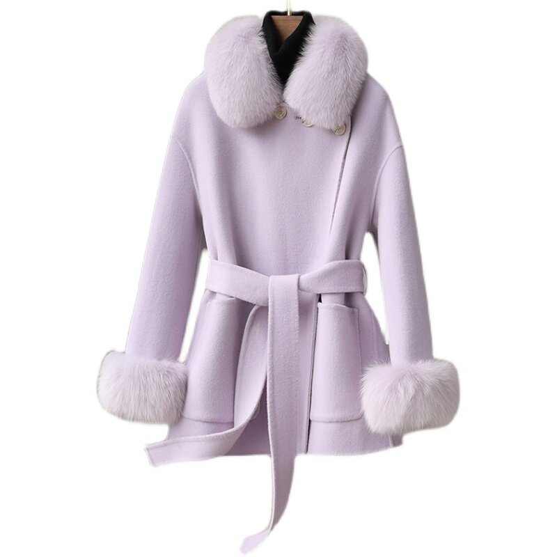 Pudi-Casaco de tecido de lã genuíno para mulheres, casaco quente para inverno, gola de pele de raposa real, senhora quente, CT360, novo design, 2023