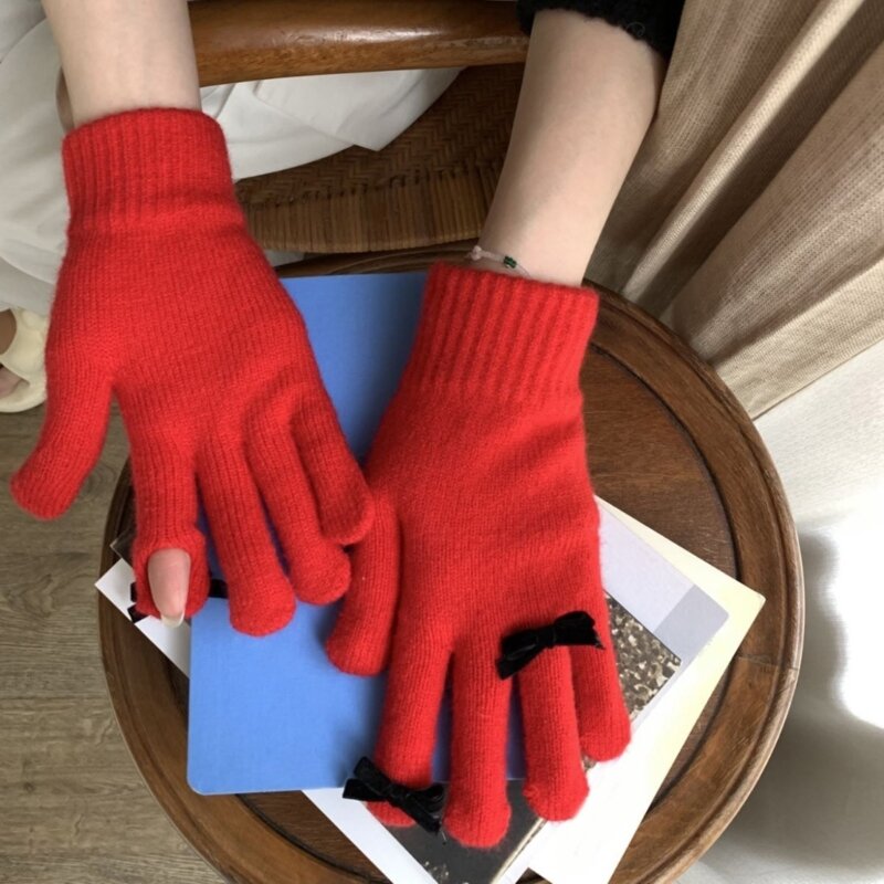 Manopla dedo completo invierno para adolescentes con decoración lazo pequeño, guantes tejidos para mantener calor