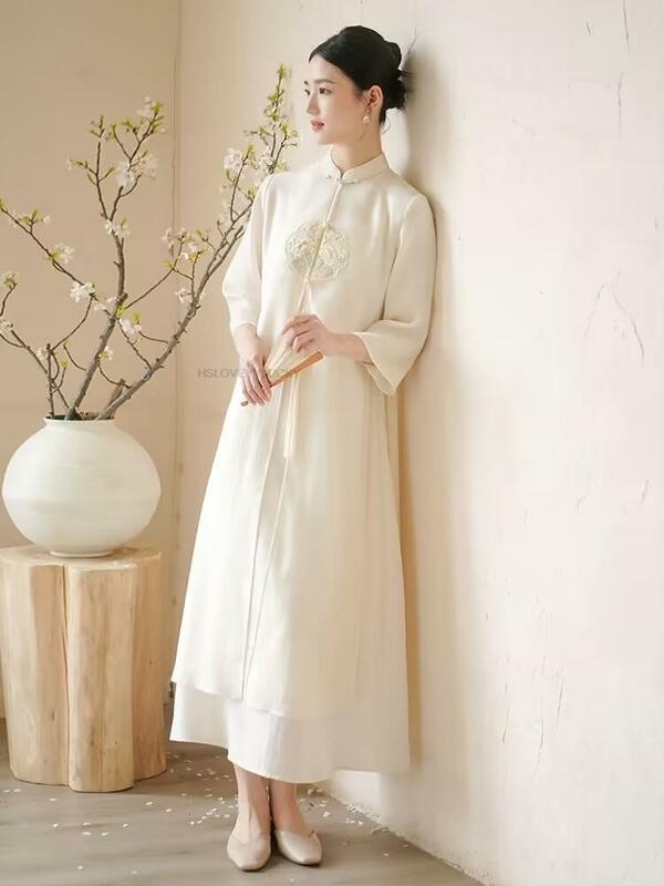 Cheongsam bordado estilo chinês para mulheres, elegante vestido hanfu, roupa tradicional chinesa vintage, zen qipao feminino, verão, novo
