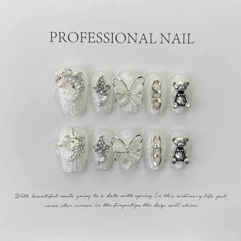 Baroque Butterfly Handmade Nails Press on Full Cover Manicuree Bear Diamond False Nails Wearable Artificial With Tool Kit