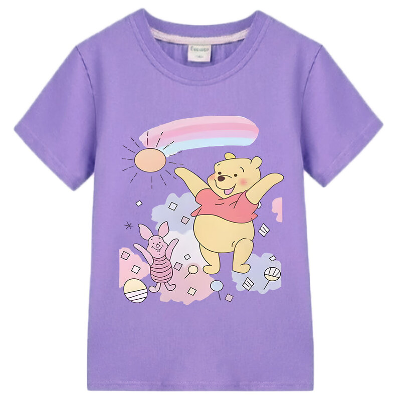 Милая Детская футболка с мультяшным принтом медведя Винни, Kawaii, футболка для девочек, детская одежда 2024, летние топы с коротким рукавом для маленьких мальчиков