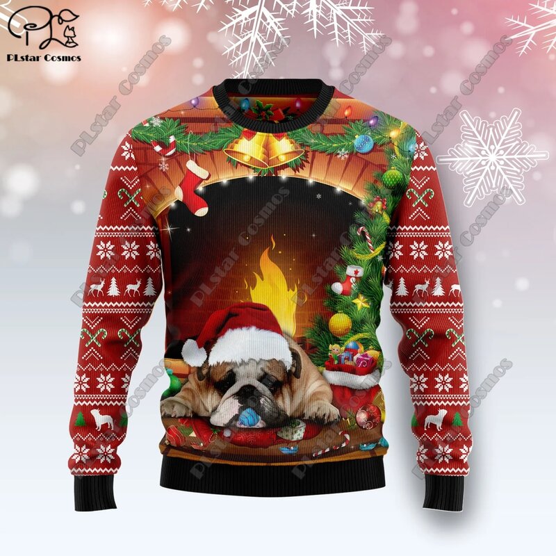Suéter con estampado 3D de elementos navideños, suéter con patrón de árbol de Navidad, Papá Noel, arte feo, calle informal, S-17 de invierno