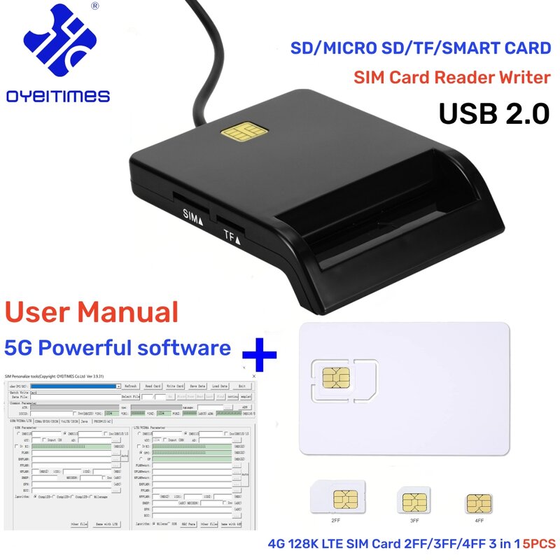 OYEITIMES SIM 카드 리더 라이터, 프로그래밍 가능한 4G USIM 카드, LTE WCDMA GSM USIM 4G 카드, SIM 개인화 도구, 2FF, 3FF, 4FF, 5 개