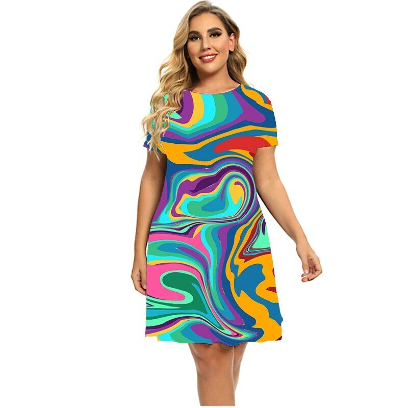 Robe colorée à manches courtes et col rond pour femmes, robes 3D abstraites, vêtements grande taille, mode d'été, nouveau, 2023