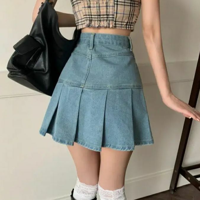 Rok Mini Denim wanita pinggang tinggi kasual musim panas 2022 Harajuku Y2K rok berlipat pakaian Fashion gaya Korea biru baru