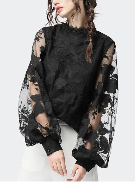 2024 nuove donne pizzo manica a bolle trasparente girocollo solido Top Shirt
