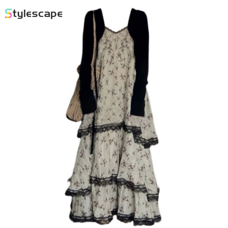 Large French Spring And Summer Luxury Feel Loose and Slim Fragmented Flower Hanging Strap Dress Cardigan Two Piece Set for Women
