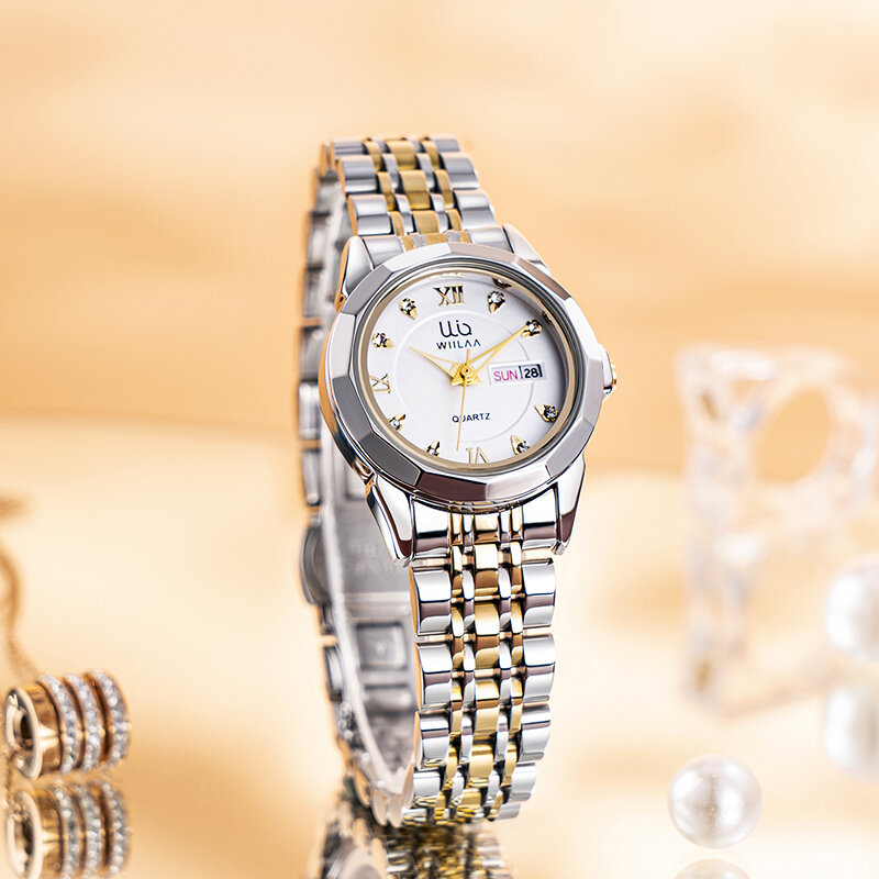 WIILAA Jam Tangan Wanita untuk Minggu Tanggal Desain Minimalis Jam Tangan Wanita Klasik Jam Tangan Kuarsa Emas Baja Tahan Karat Berlian Merek Mewah