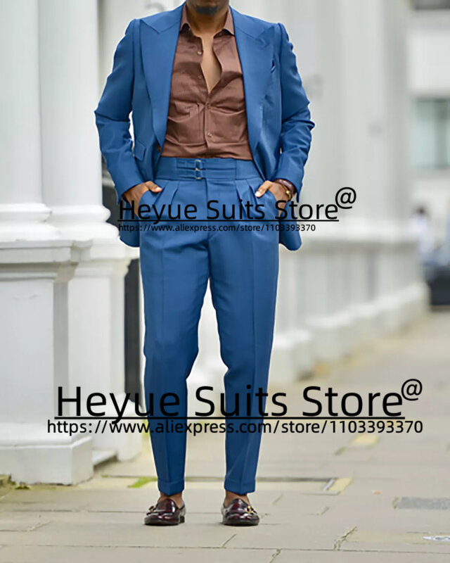 Letnie niebieska w stylu Casual garnitury męskie dopasowane guziki formalne smokingi balu maturalnego 2 szt. Eleganckie męskie marynarki terno masculinos complet
