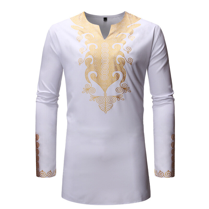 Men's African Long-Sleeved Shirt, Irregular Printing, Dashiki Fashion Tops, Muslim Traditional T-Shirt, Arab Clothing, Fall
