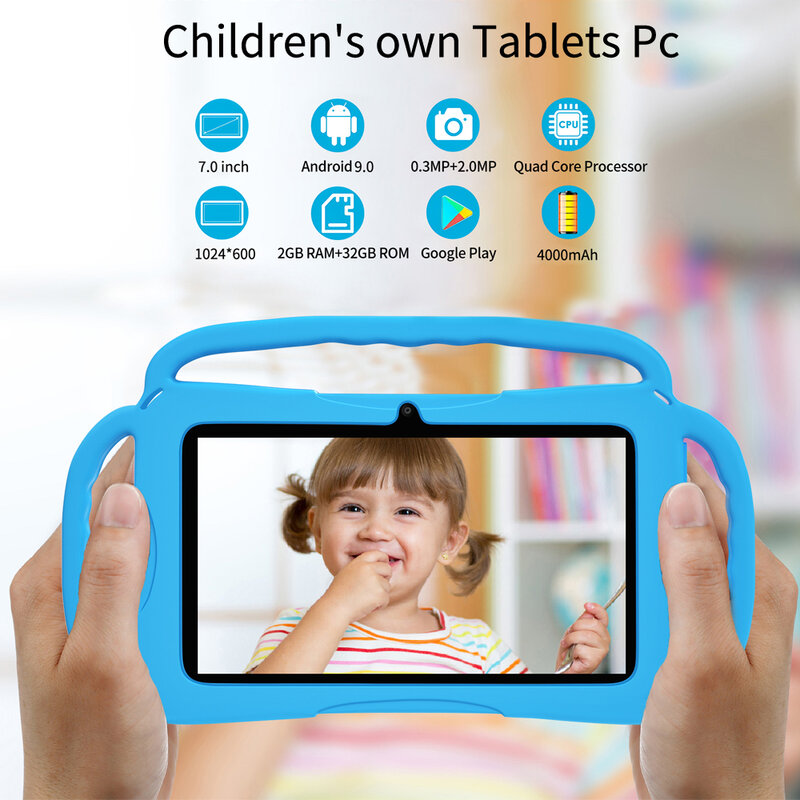 BDF-Tableta de 7 pulgadas para niños, Tablet de cuatro núcleos, Android 9, WiFi, 32GB, WiFi, Bluetooth, Software educativo instalado