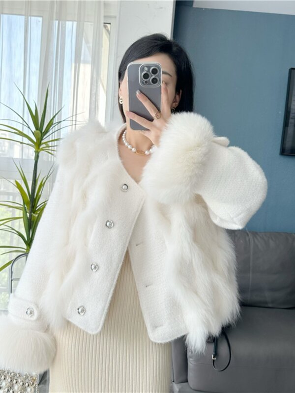 Natürliche echte Fuchs pelz Mäntel für Damen, Woll mantel, koreanisches Design, Luxus mode, neu, 2023