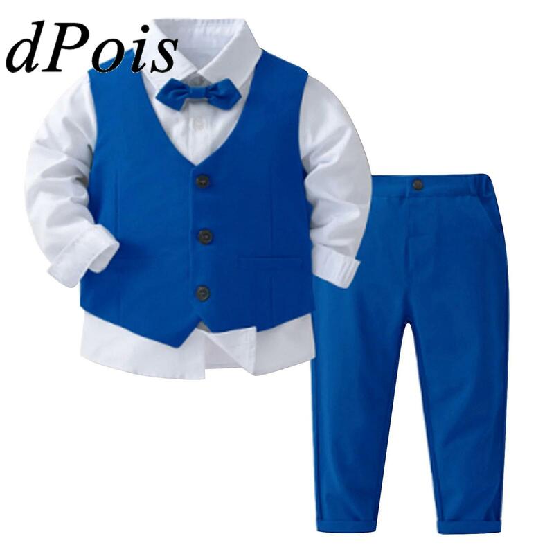 Baju Formal balita laki-laki, kemeja lengan panjang dengan rompi pita, setelan celana untuk anak laki-laki, seragam sekolah, jamuan, baptis