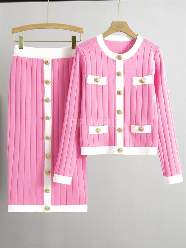 Conjuntos de Faldas de punto Vintage coreanas para mujer, suéter corto ajustado con cuello redondo, cárdigan, trajes de 2 piezas, Faldas con botones elegantes, nuevo Conjunto