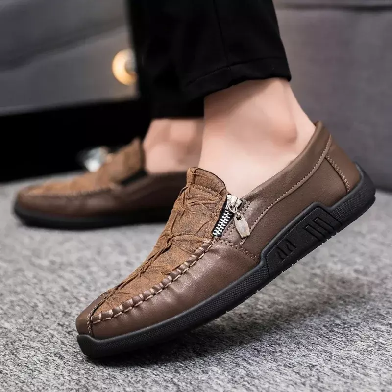 Autumn Men Casual Shoes Leather Loafers Male Zip Flats Driving Shoes Soft Massage Moccasins Footwear Slip-On Boat Shoes Zapatos