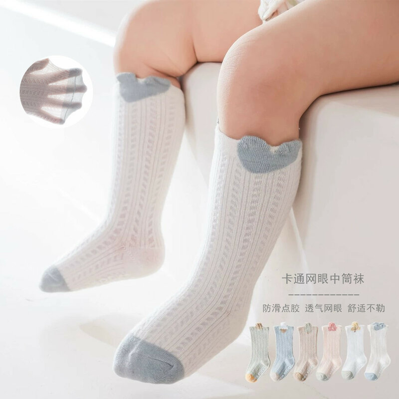 Fino algodão longo tubo meias para recém-nascidos, anti-derrapante, resistente a mosquitos, médio, malha, verão, 3 pares