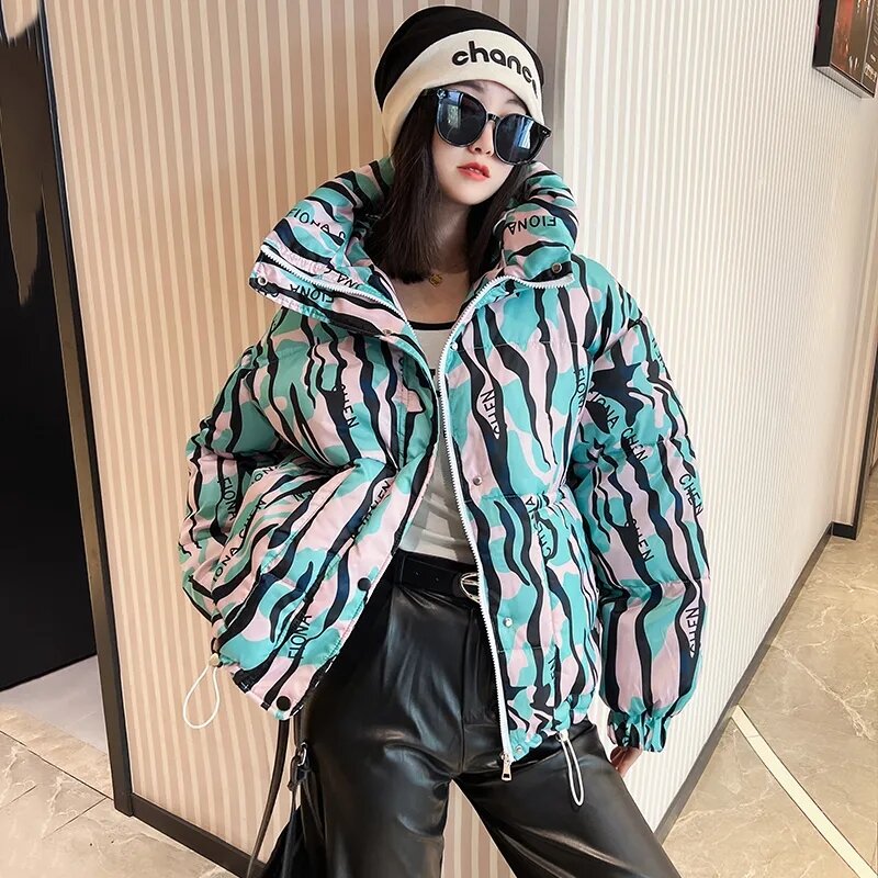 Winter Down Cotton Jacket Womens 2024 New Print Hooded Outerwear Short Parkas Female Thick Streetwear Warm Padded Coat
