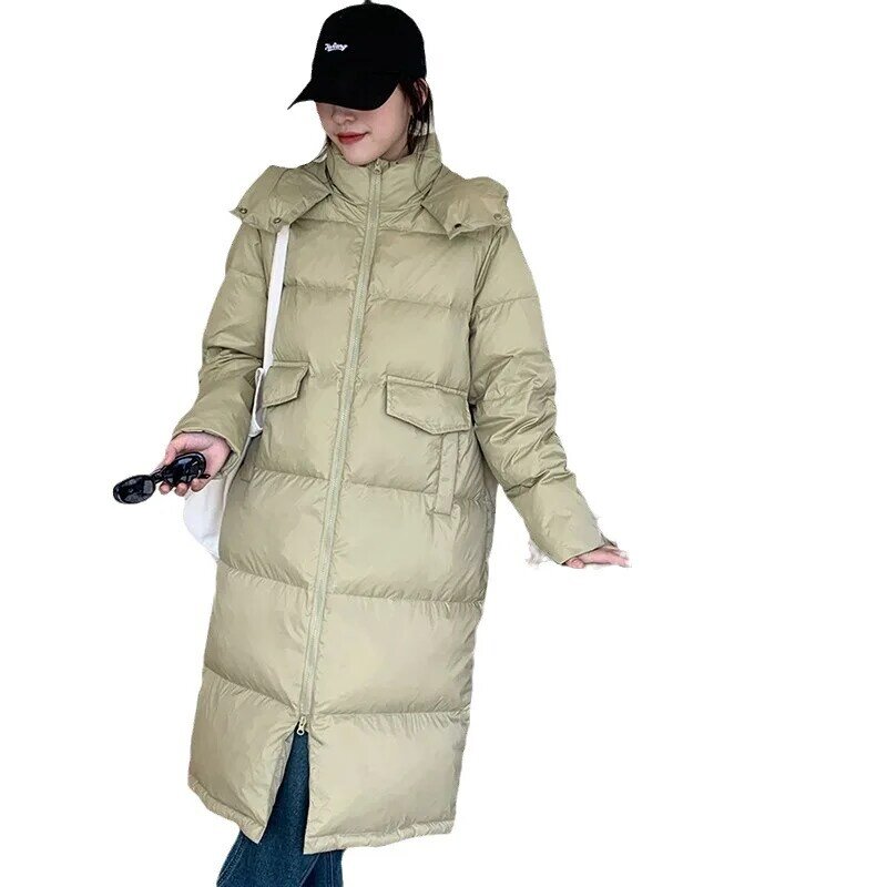 Winter New Women Hooded Down Coat Fashion Mid Length Thickened Coat White Duck Down Women Parkas Casual Loose Snow Wear Overcoat